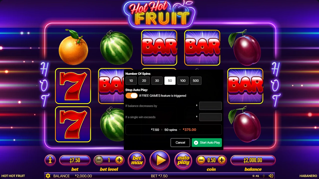 Hot Hot Fruit auto play panel with spin counts, stop-on-feature toggle and a 7.50 times 50 equals 375.00 cost preview