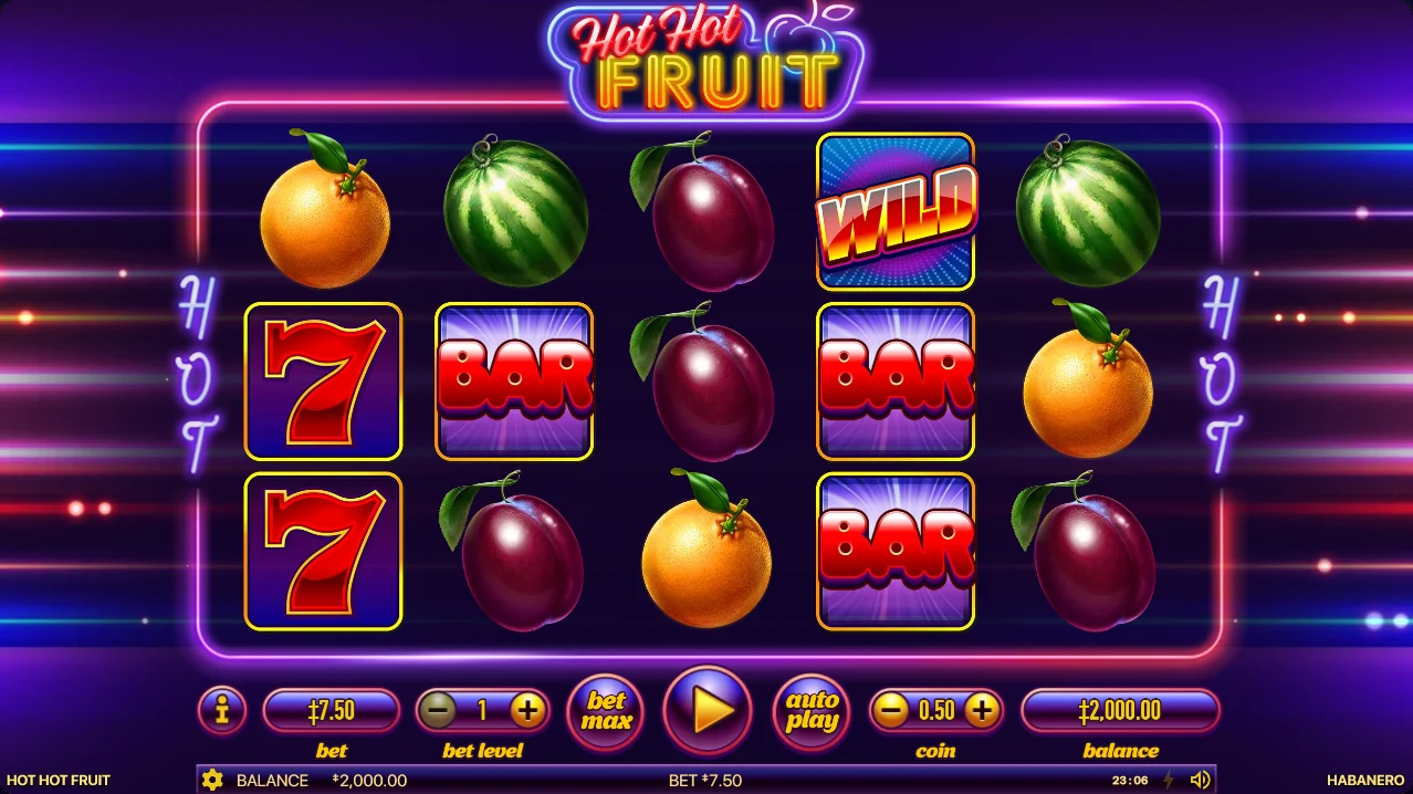 Hot Hot Fruit base game after a settled spin: fruit, BAR, seven and Wild symbols with the full control bar showing a 7.50 total bet