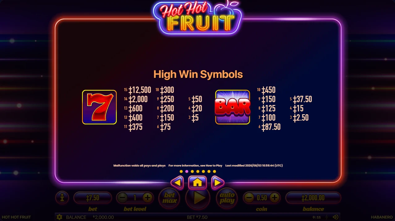 Hot Hot Fruit paytable high-win symbols: seven ladder from 3 to 15 and BAR ladder from 3 to 10
