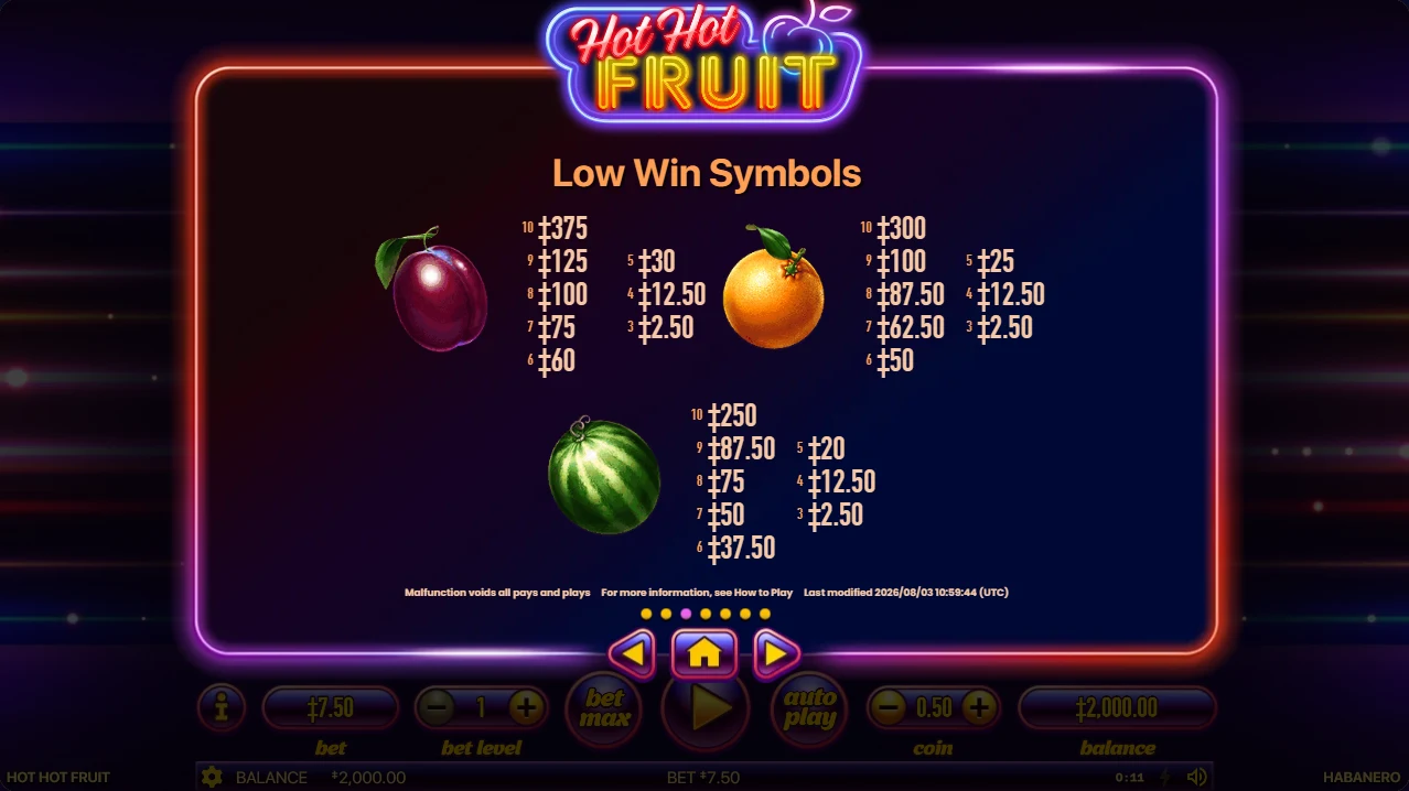 Hot Hot Fruit paytable low-win symbols: plum, orange and watermelon ladders from 3 to 10