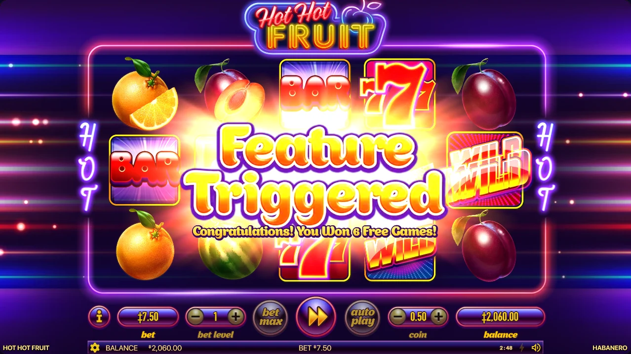 Hot Hot Fruit feature trigger popup announcing six free games over the triggering spin grid