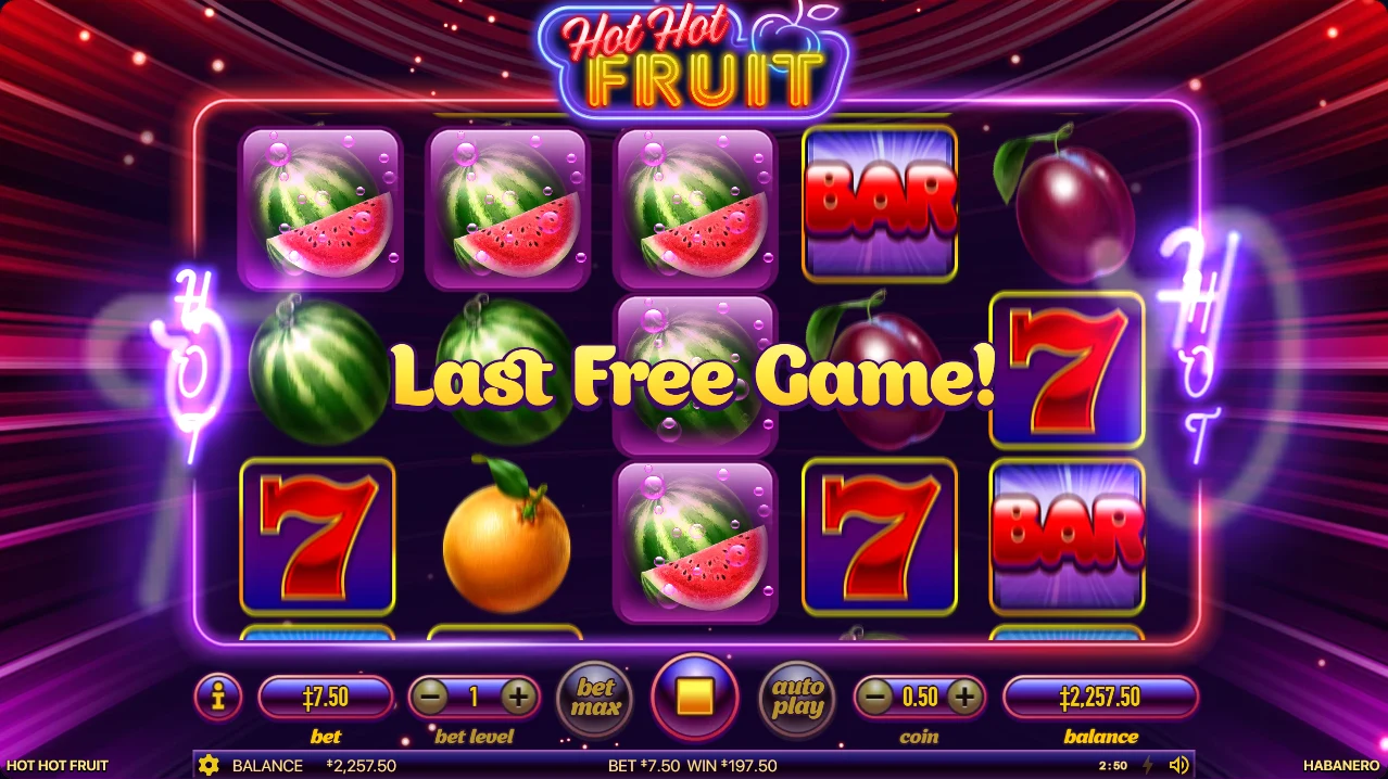 Hot Hot Fruit last free game banner with locked sliced watermelon symbols