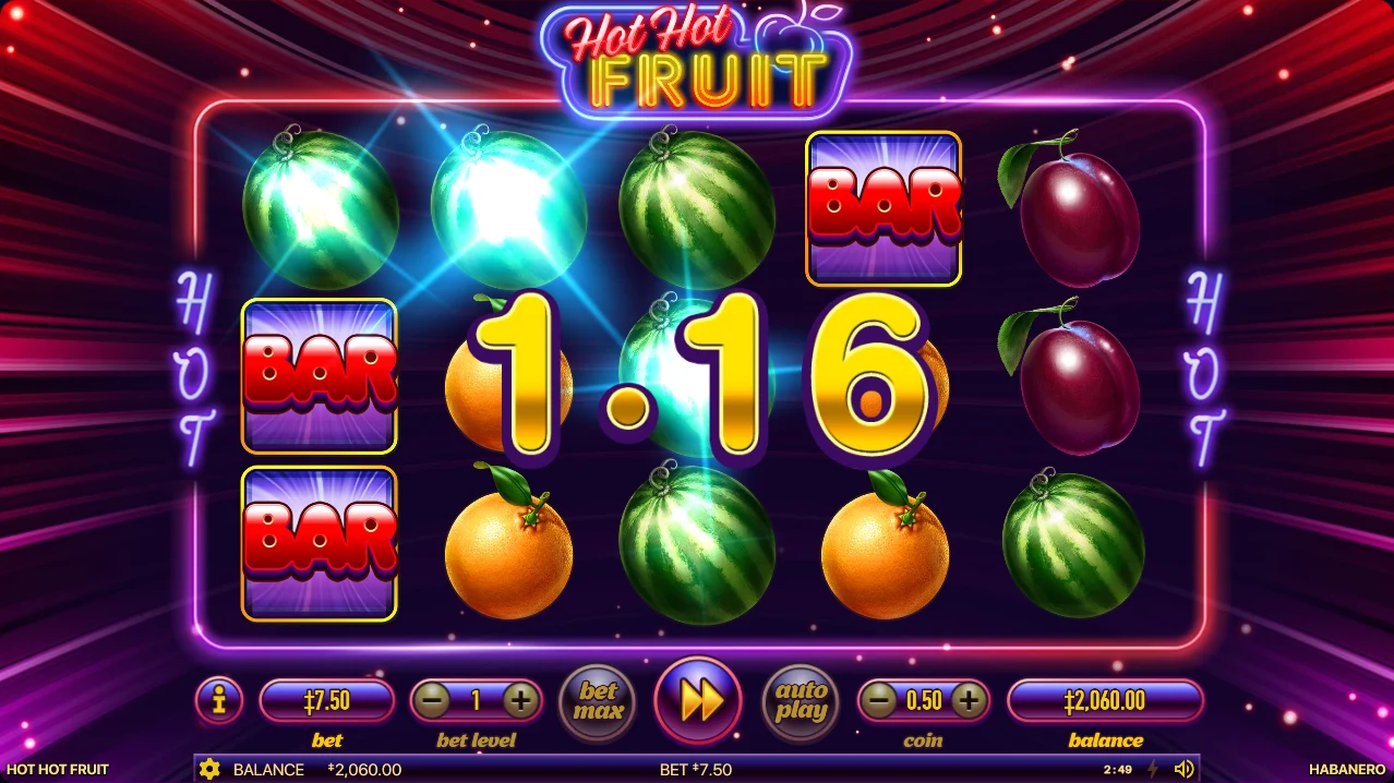 Hot Hot Fruit free games in progress with locked glowing watermelon symbols and the red feature backdrop