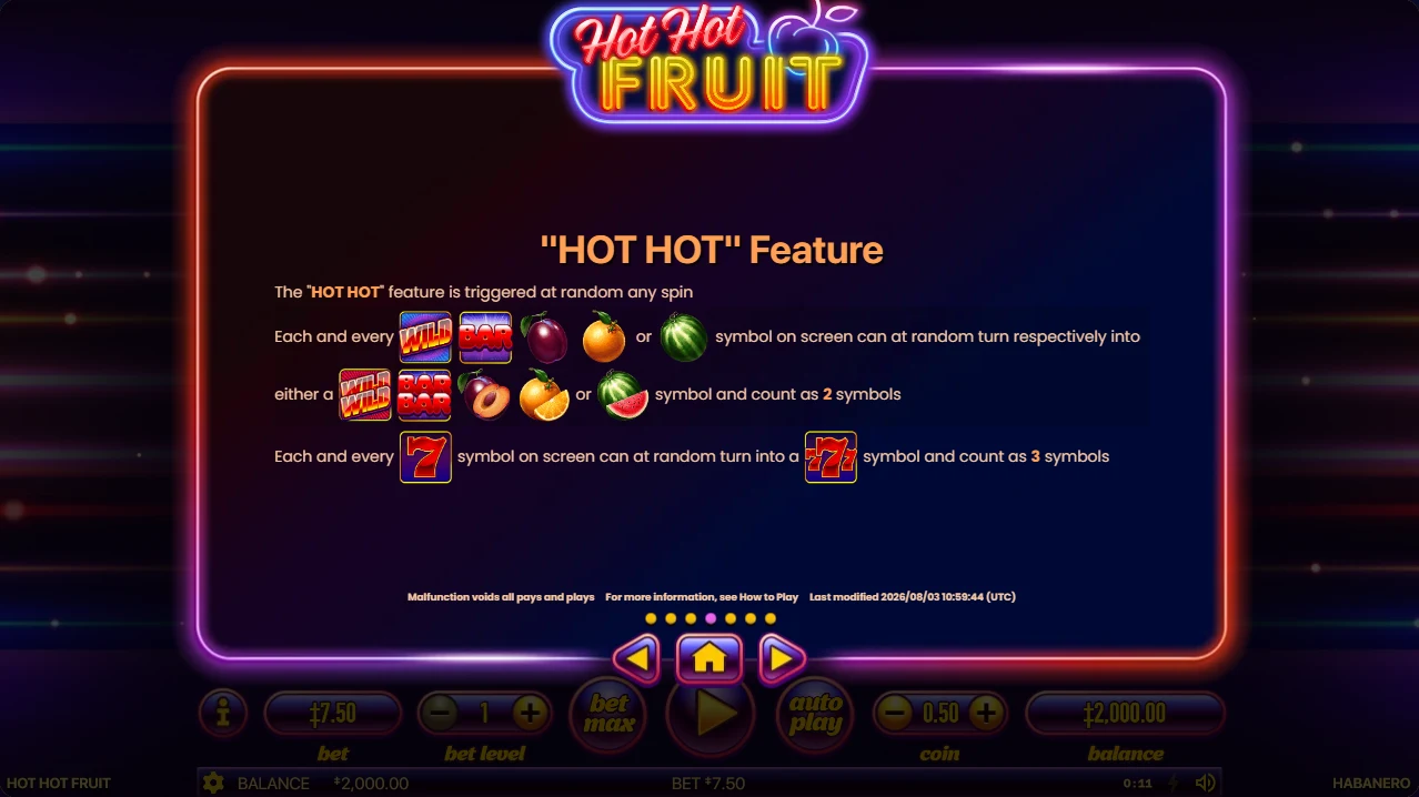 Hot Hot Fruit rules panel: the Hot Hot feature turns symbols into doubles and sevens into triples at random