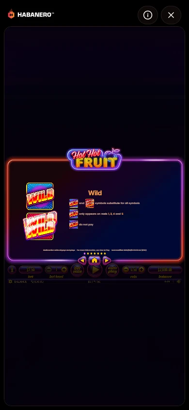 Hot Hot Fruit rules panel open on a phone-sized screen showing the Wild page