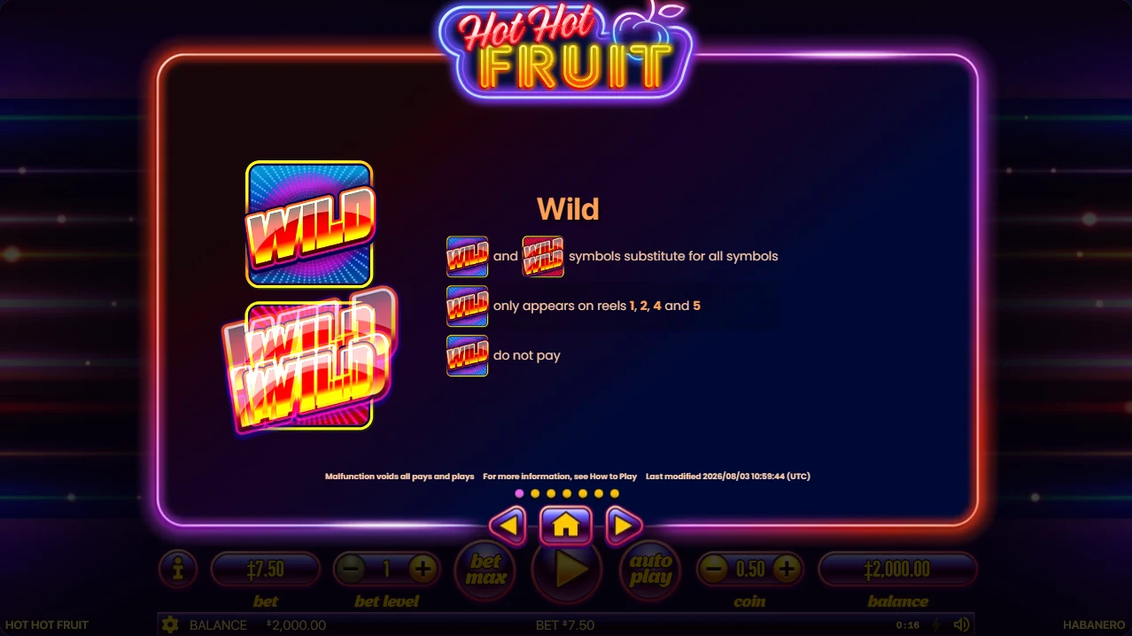 Hot Hot Fruit rules panel page one: Wild substitutes for all symbols, appears only on reels 1, 2, 4 and 5, and does not pay