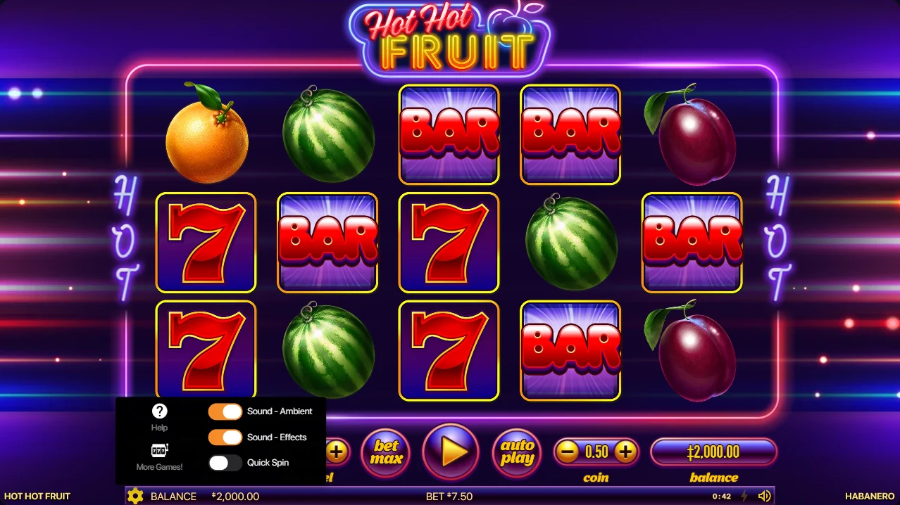 Hot Hot Fruit settings menu with help, ambient and effects sound, quick spin and more games options