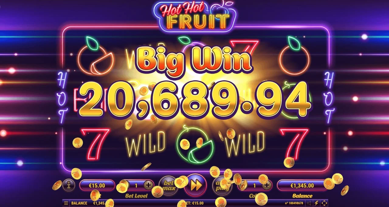 Hot Hot Fruit Big Win display over the reels with gold coins and neon symbols