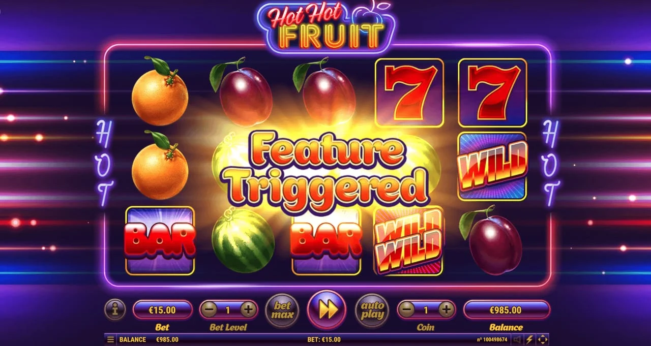 Hot Hot Fruit Feature Triggered screen with Wild and Double Wild symbols visible on the right