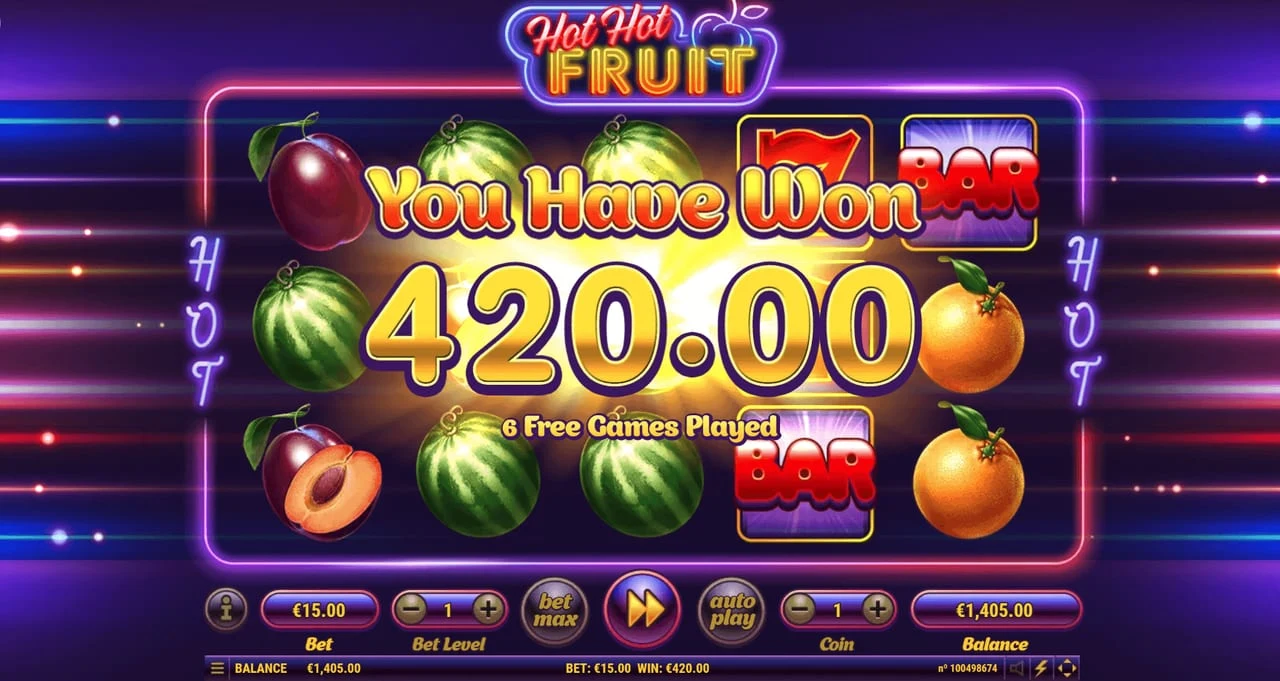 Hot Hot Fruit You Have Won screen displaying 420.00 and 6 Free Games Played