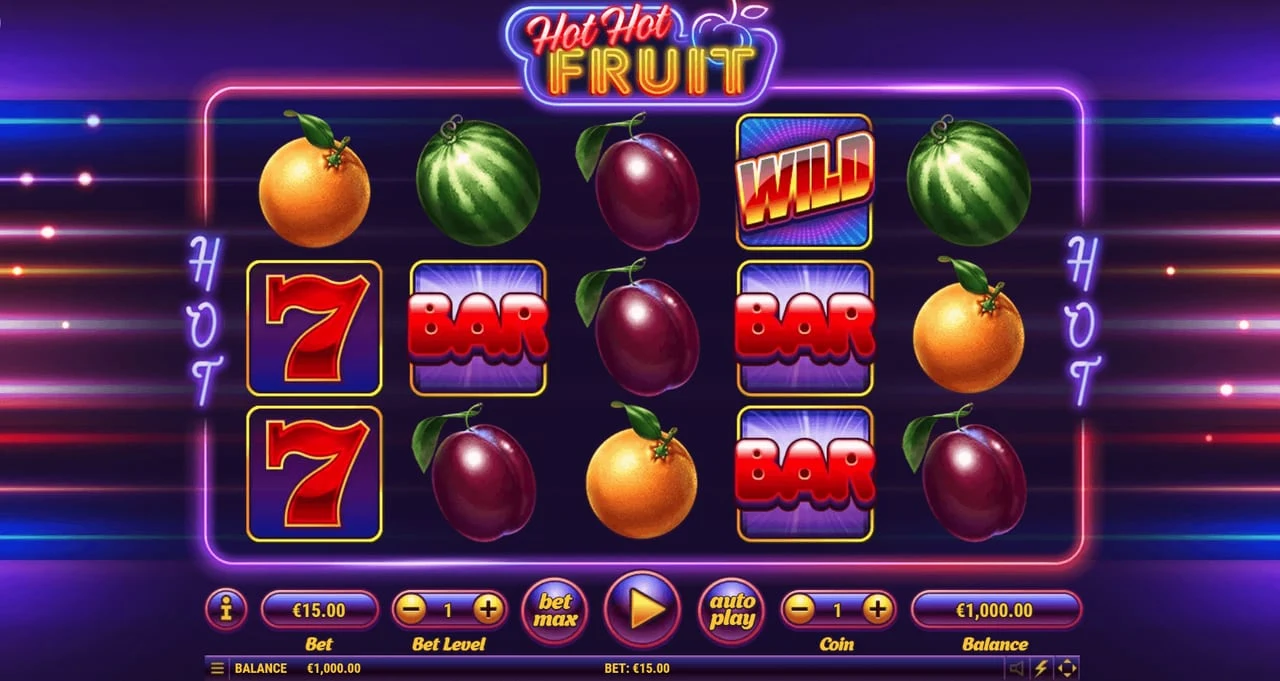 Hot Hot Fruit base game with five reels, three rows, fruit, red sevens, BAR and a Wild symbol