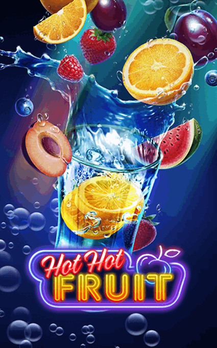Hot Hot Fruit official game artwork: fruit, splashing water and the neon game logo